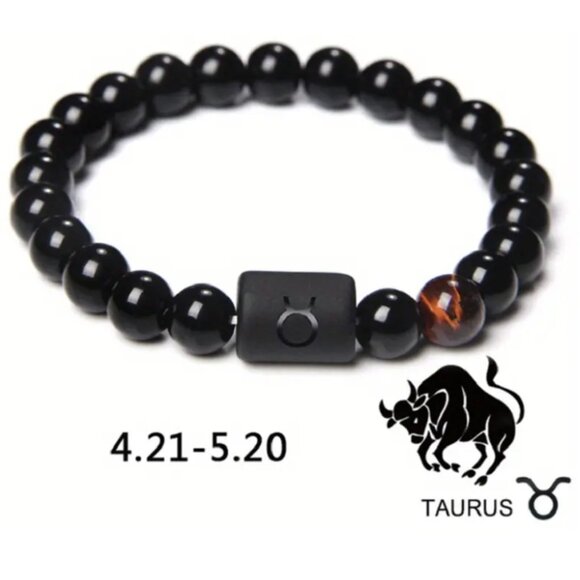 Taurus Zodiac Signs Charm Bracelet Natural 8mm Black Onyx Stone Beads - Picture 1 of 1